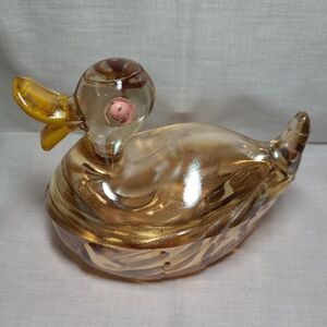 VINTAGE MARIGOLD CARNIVAL GLASS OPEN BILLED DUCK TRINKET/ POWDER/CANDY DISH